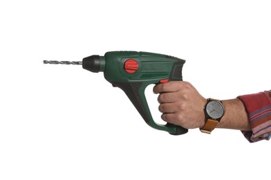 Photo of Man with power drill on white background, closeup