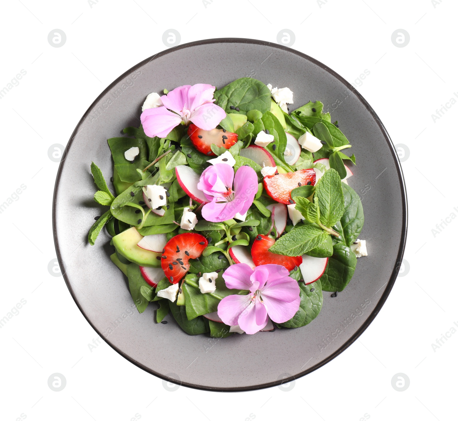 Photo of Fresh spring salad with flowers isolated on white, top view