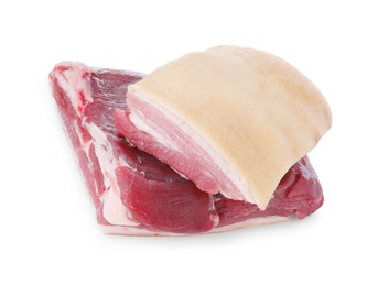 Photo of Pieces of raw pork belly isolated on white