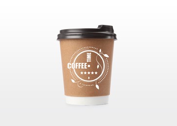 Image of Takeaway paper cup with printed phrase Coffee Time isolated on white