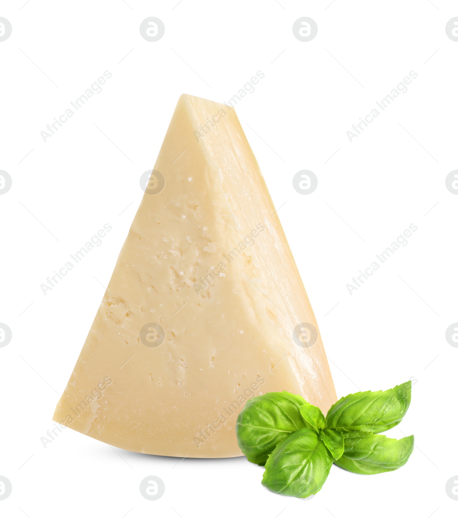 Image of Delicious parmesan cheese and basil on white background