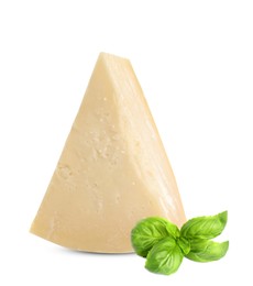 Image of Delicious parmesan cheese and basil on white background