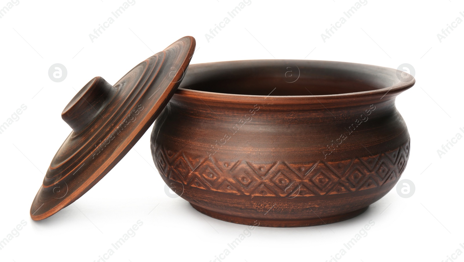 Photo of Stylish brown clay pot on white background