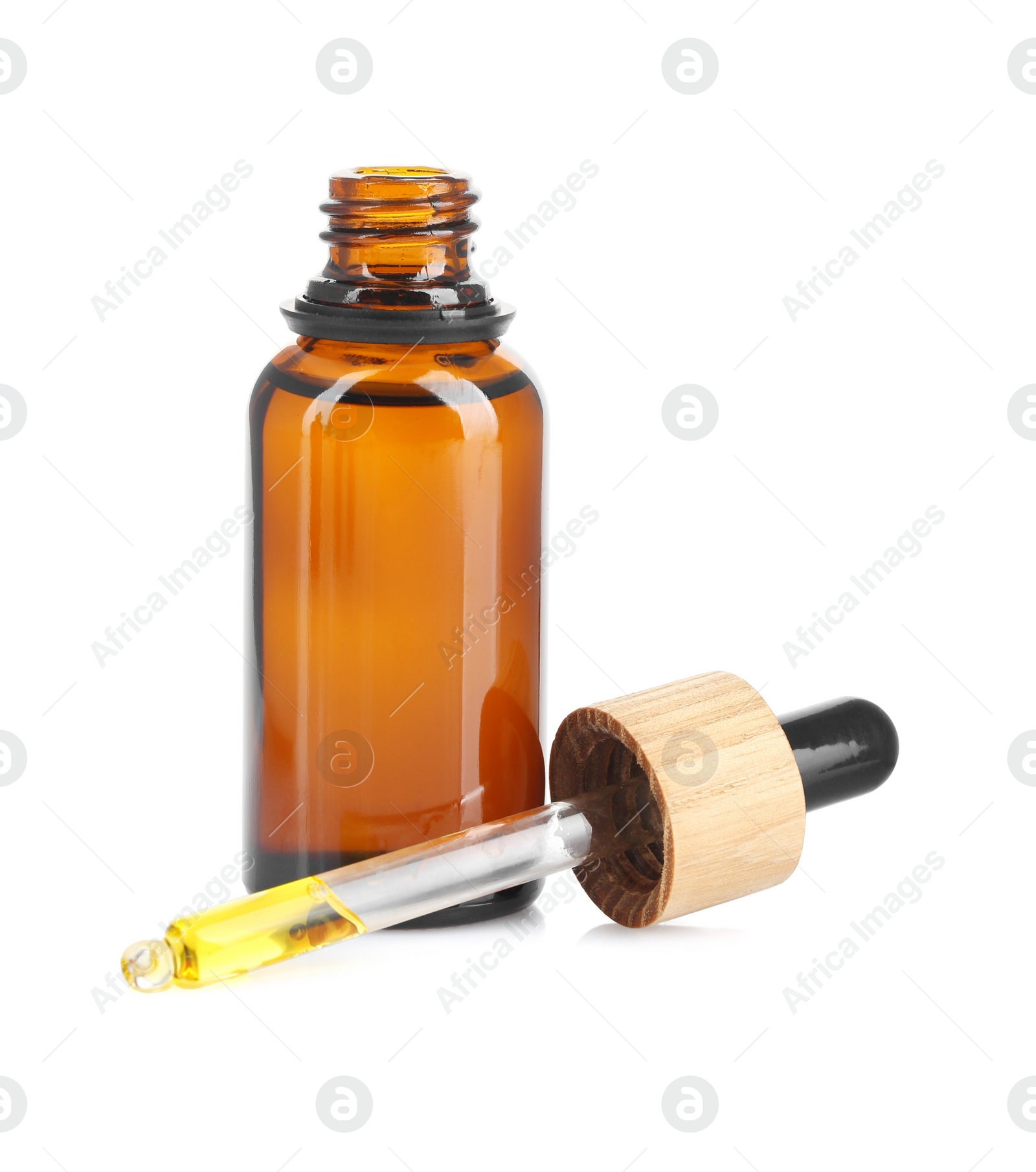 Photo of Glass bottle and pipette with tincture isolated on white