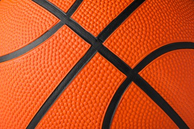 Photo of Orange ball as background, closeup. Basketball equipment