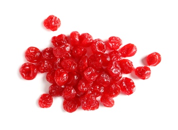 Photo of Tasty cherries on white background, top view. Dried fruits as healthy food