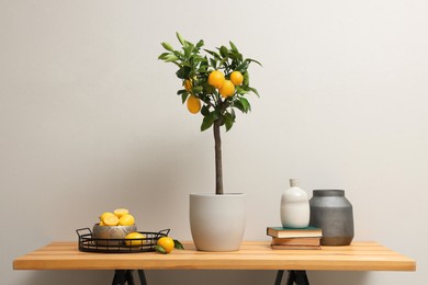 Photo of Potted lemon tree and ripe fruits on wooden table indoors