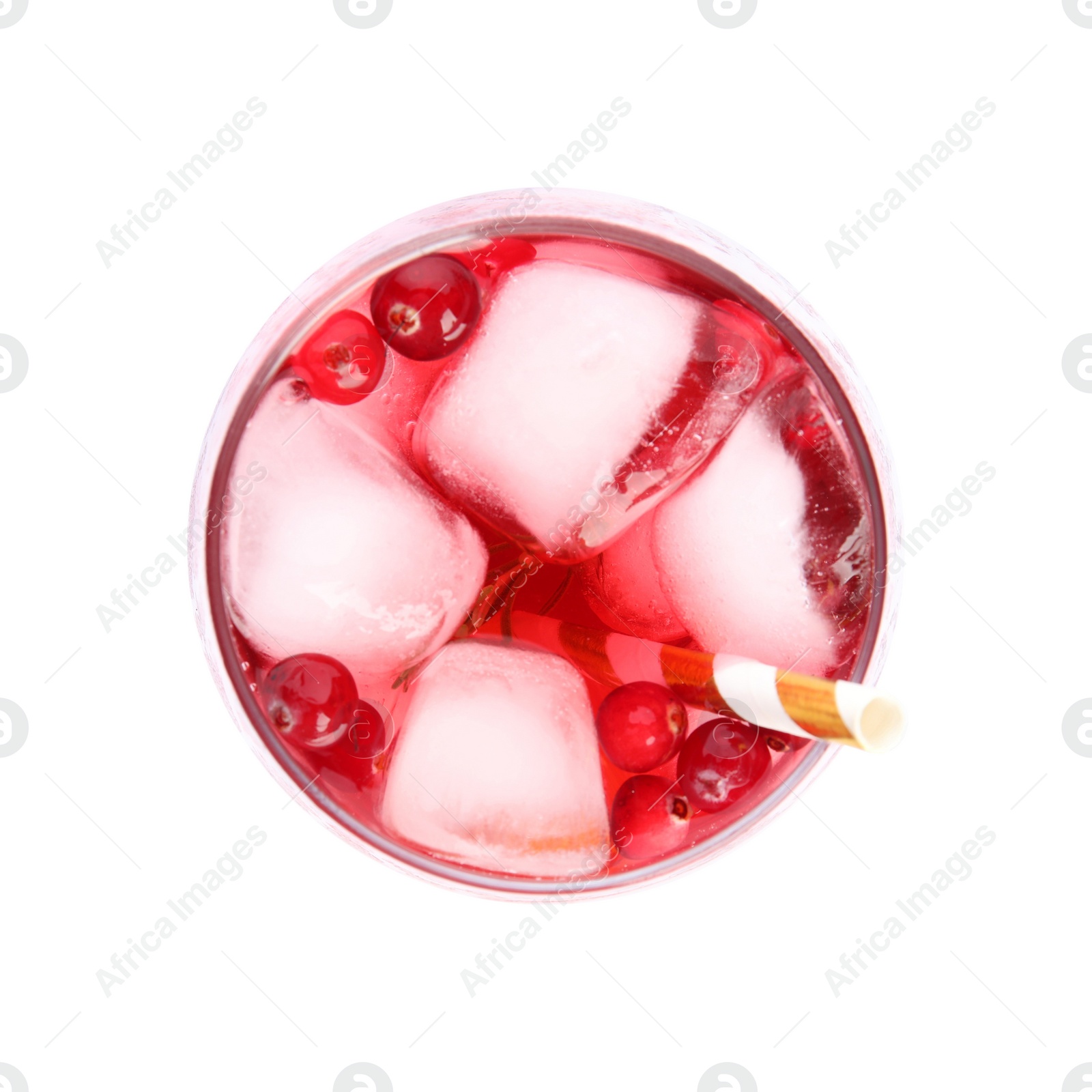 Photo of Tasty refreshing cranberry cocktail isolated on white, top view