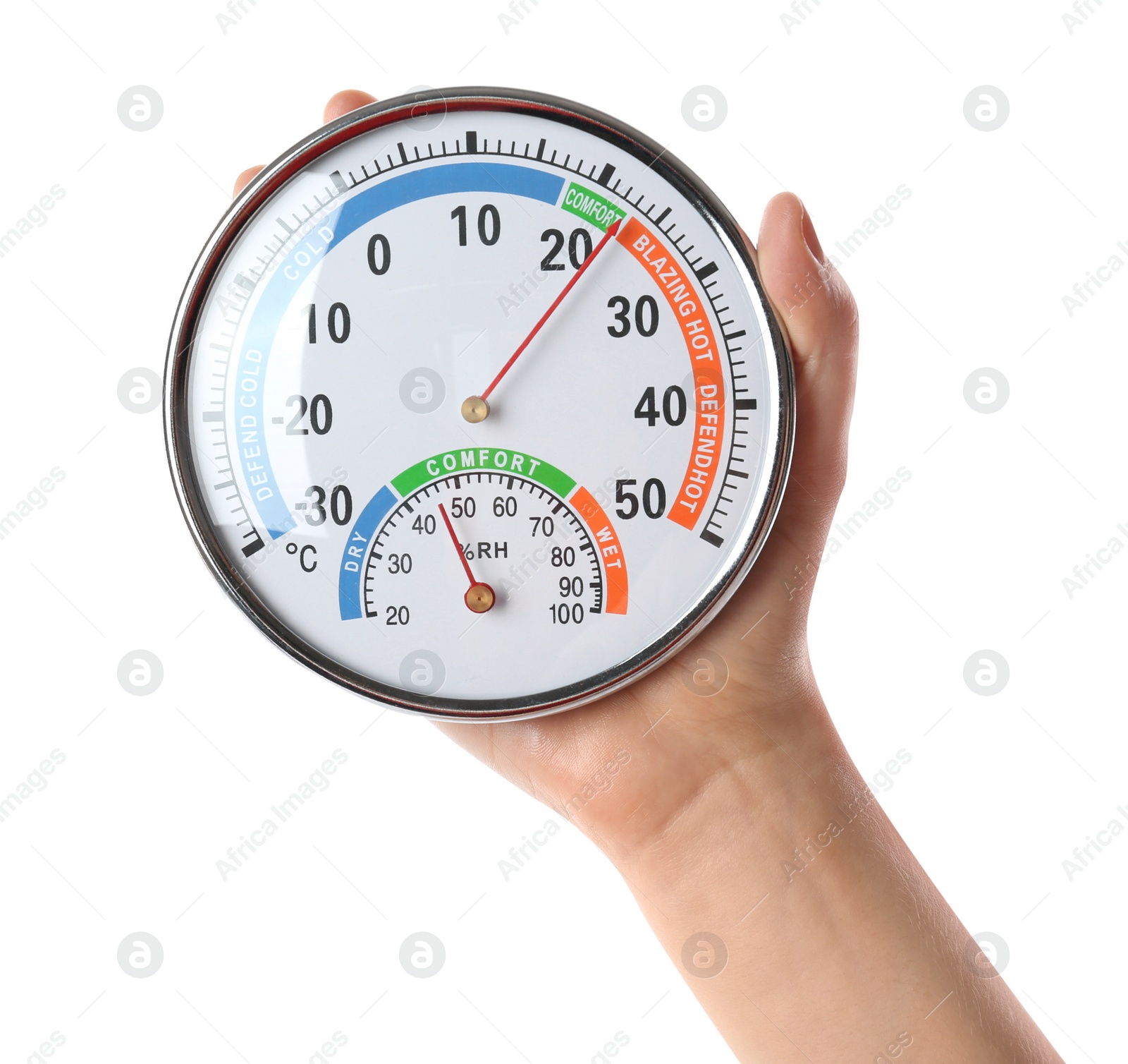 Photo of Woman holding dial hygrometer on white background, closeup