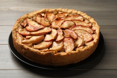 Fresh delicious apple pie on wooden table