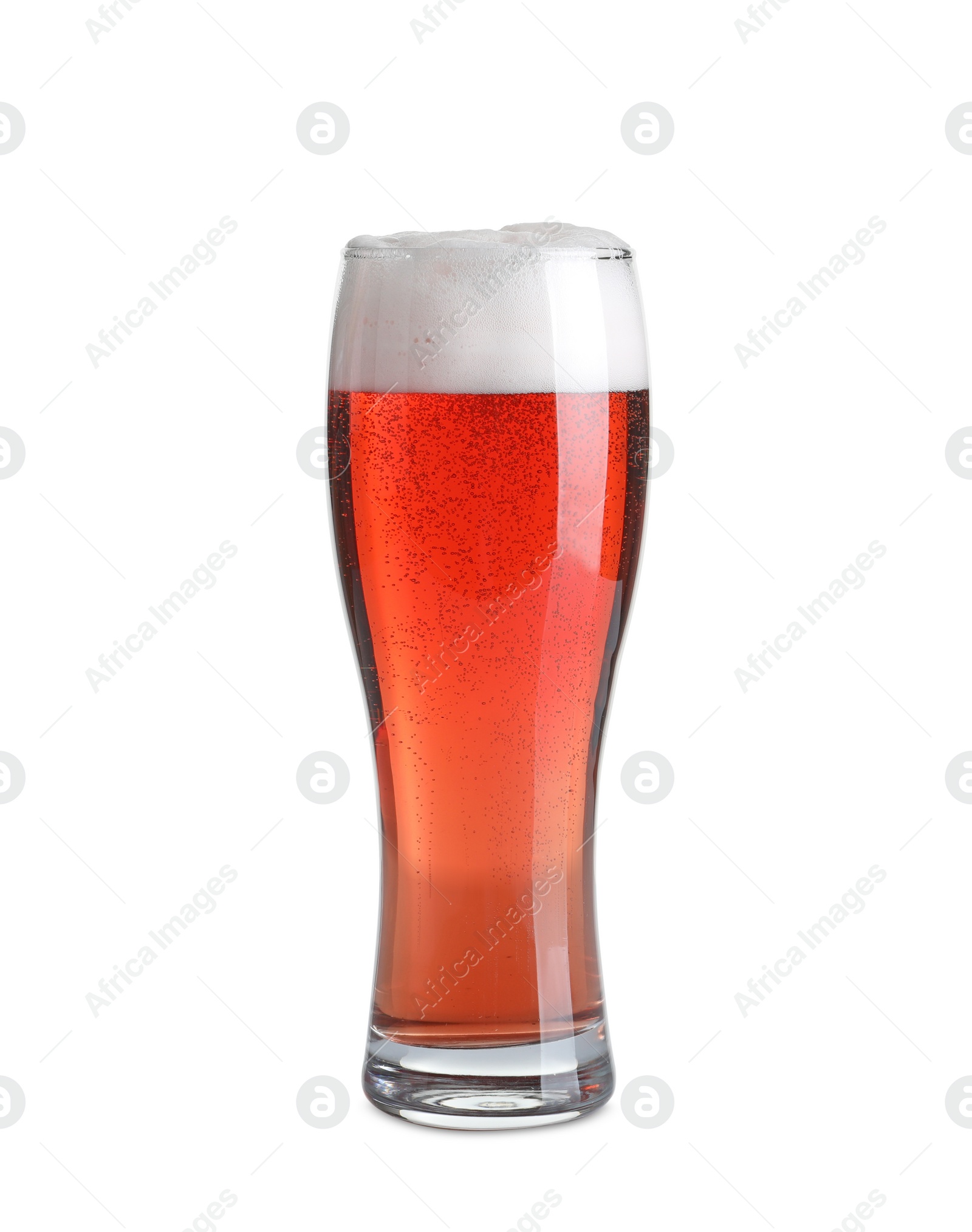 Photo of Glass of cold red beer on white background