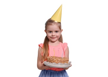 Photo of Birthday celebration. Cute little girl in party hat holding tasty cake on white background