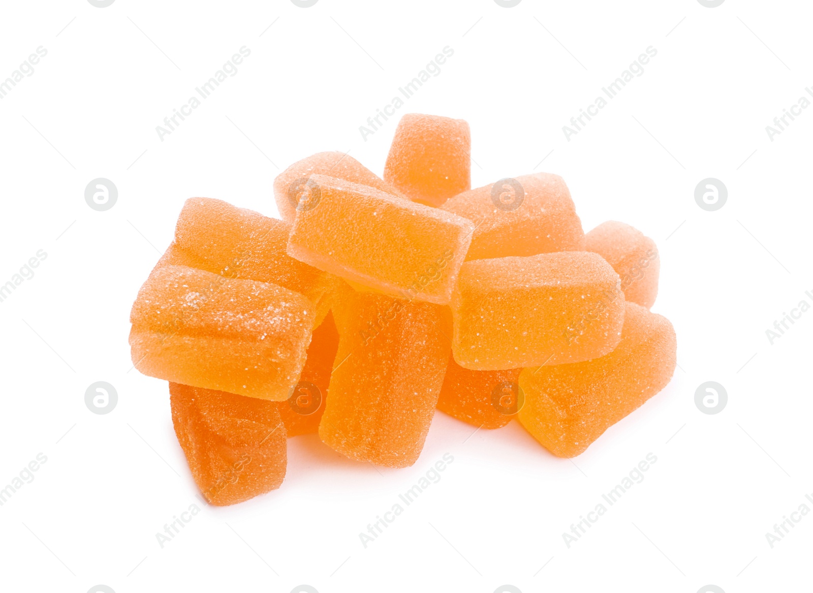 Photo of Tasty orange jelly candies on white background