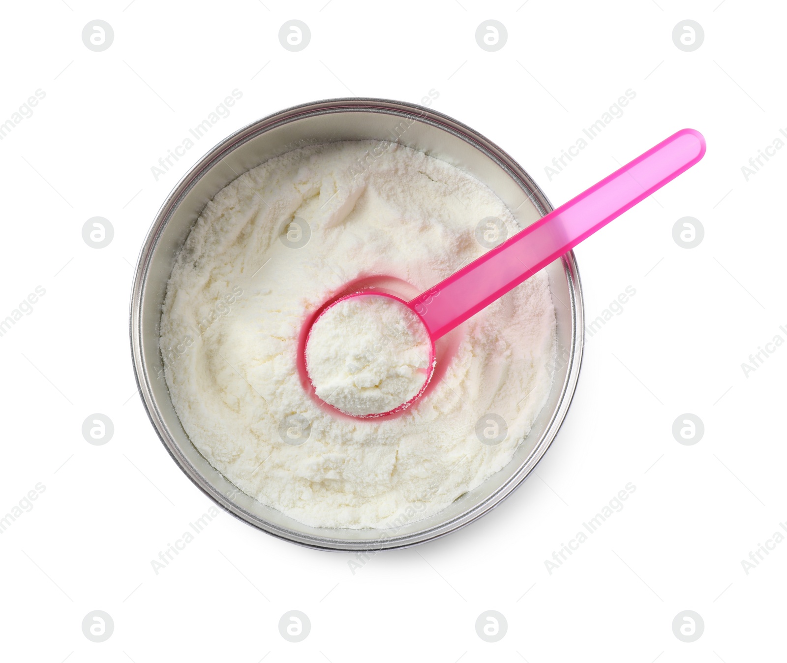 Photo of Can of powdered infant formula with scoop isolated on white, top view. Baby milk