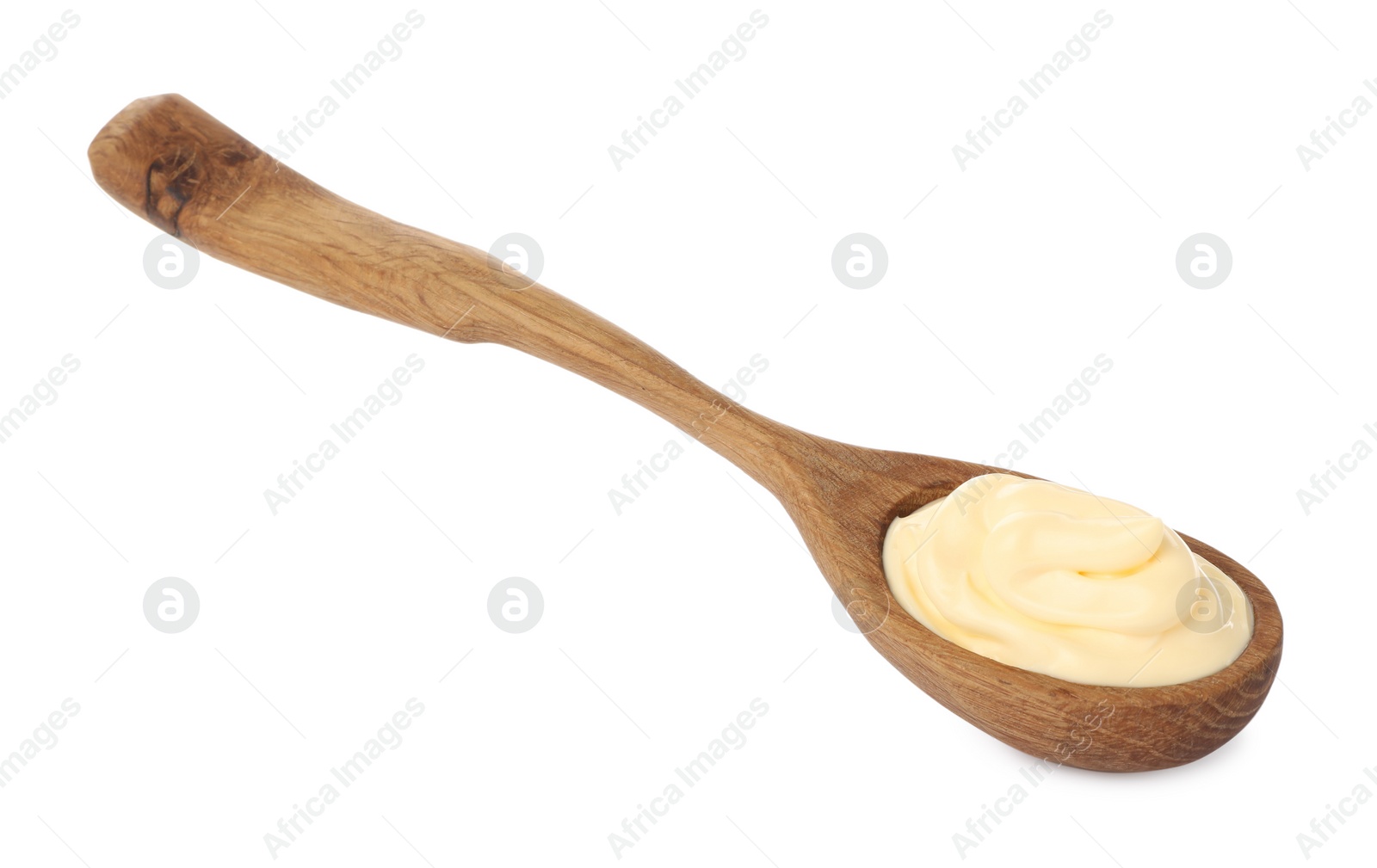 Photo of Wooden spoon with tasty mayonnaise isolated on white