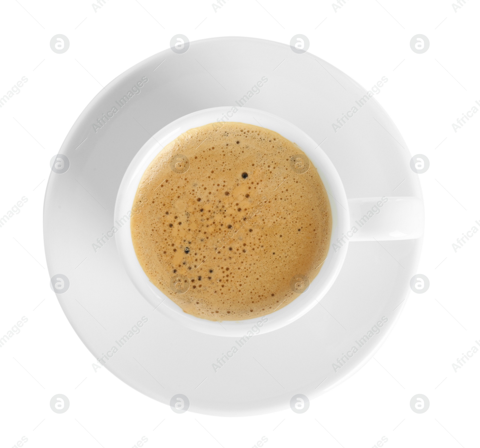 Photo of Cup of tasty coffee isolated on white, top view