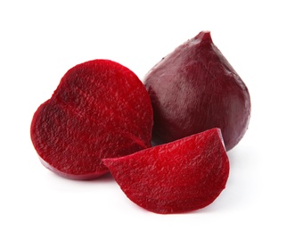 Photo of Whole and cut boiled red beets on white background