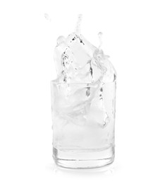Shot of vodka with ice and splash isolated on white