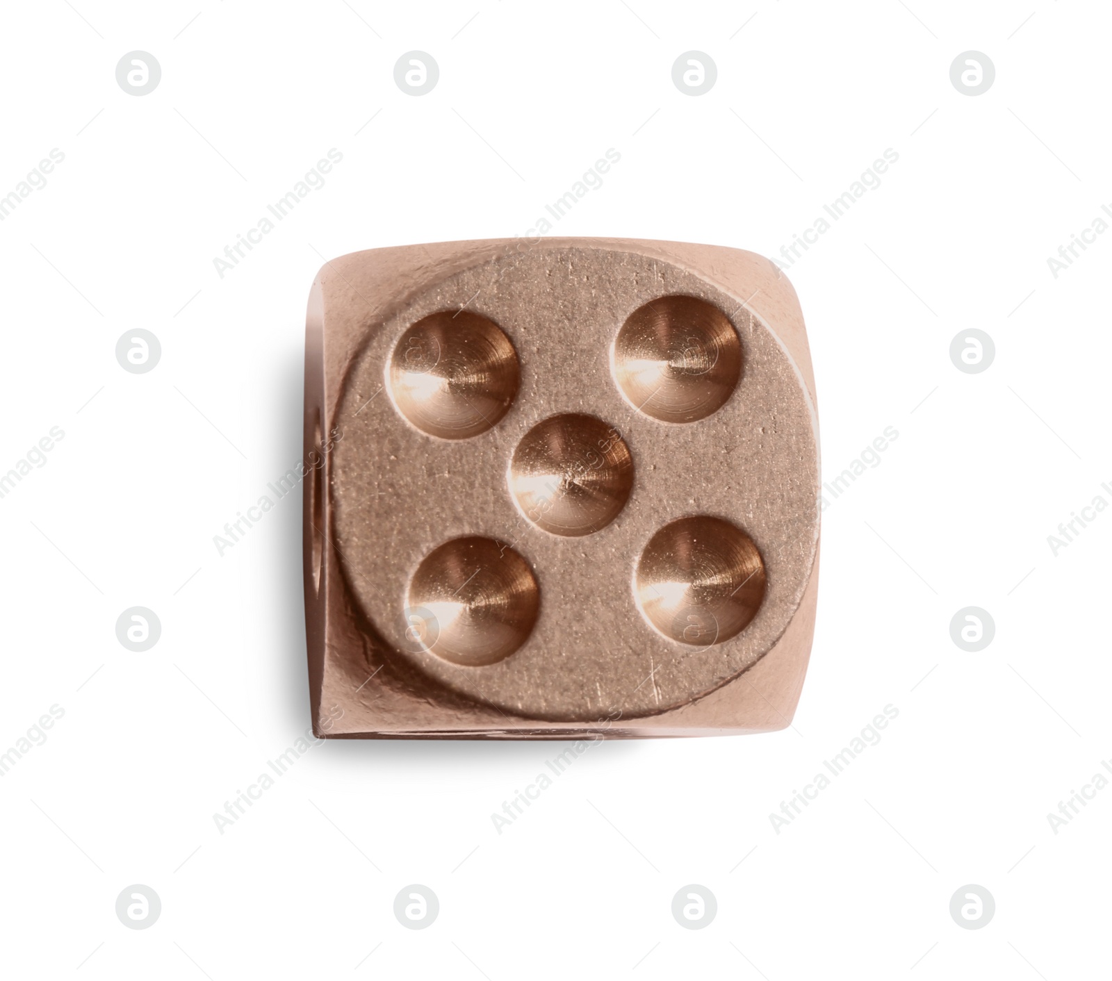 Photo of One metal game dice isolated on white, top view