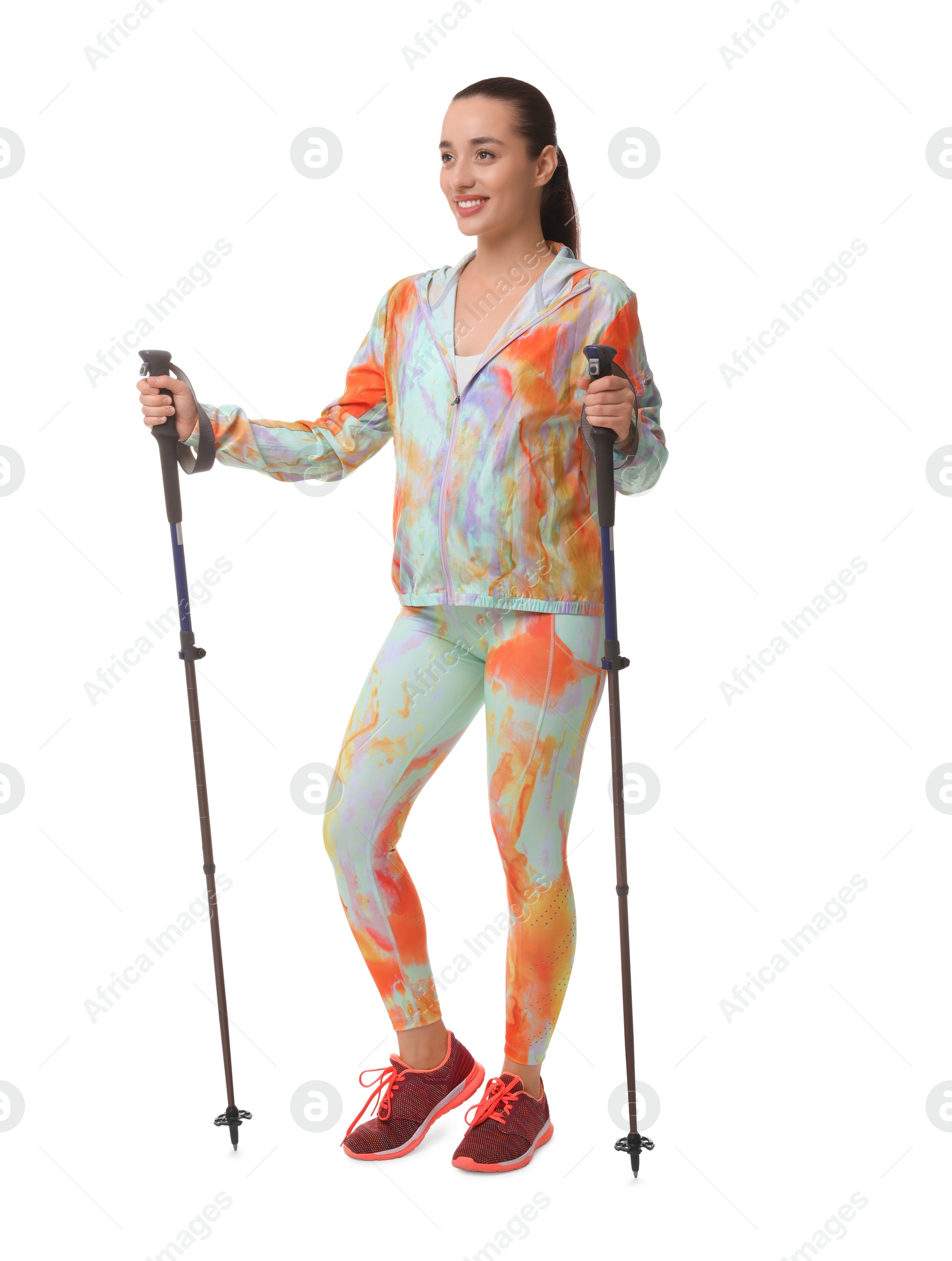 Photo of Pregnant woman with poles for Nordic walking isolated on white