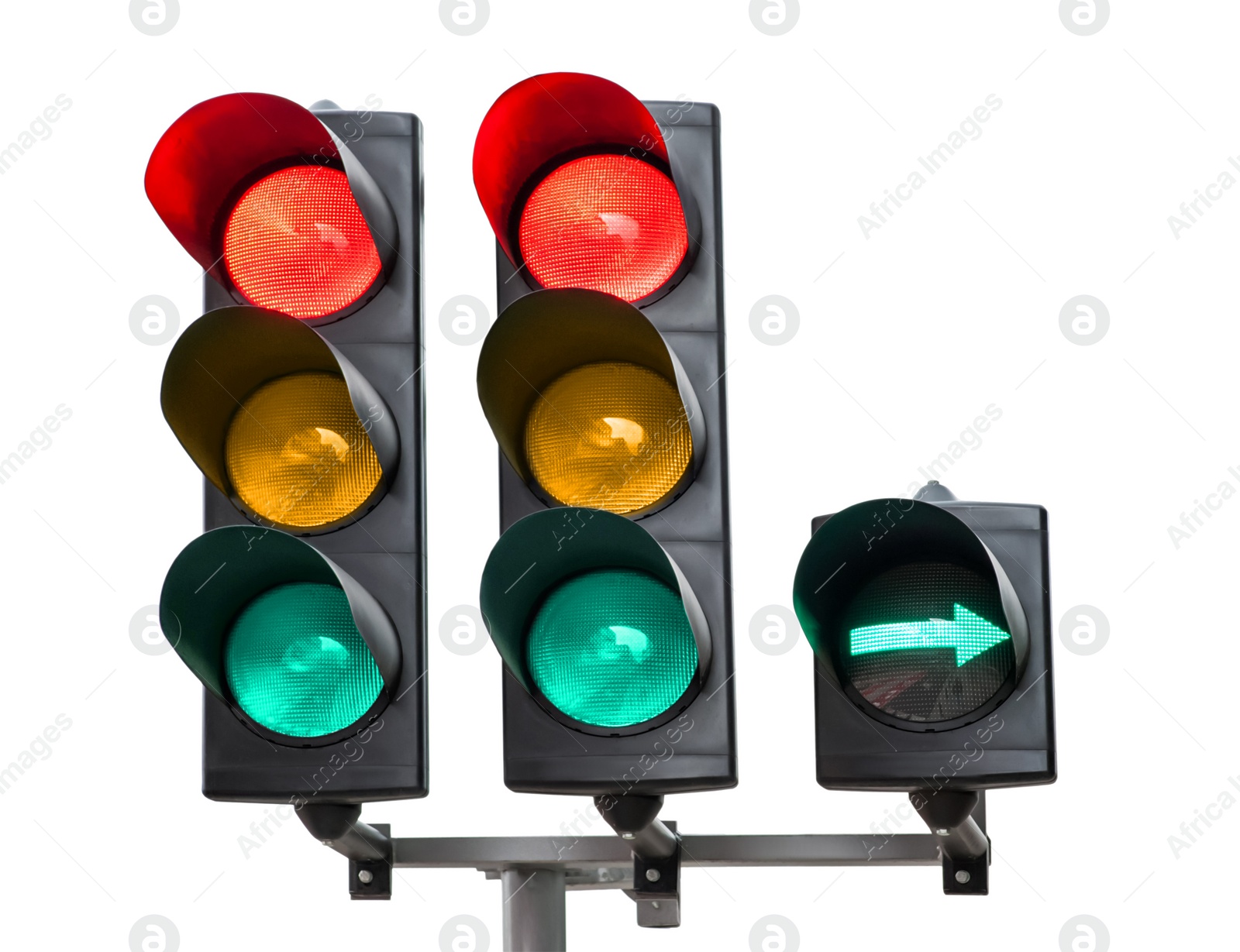 Image of Traffic lights with three signals on white background