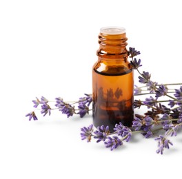 Photo of Bottle of essential oil and lavender flowers on white background