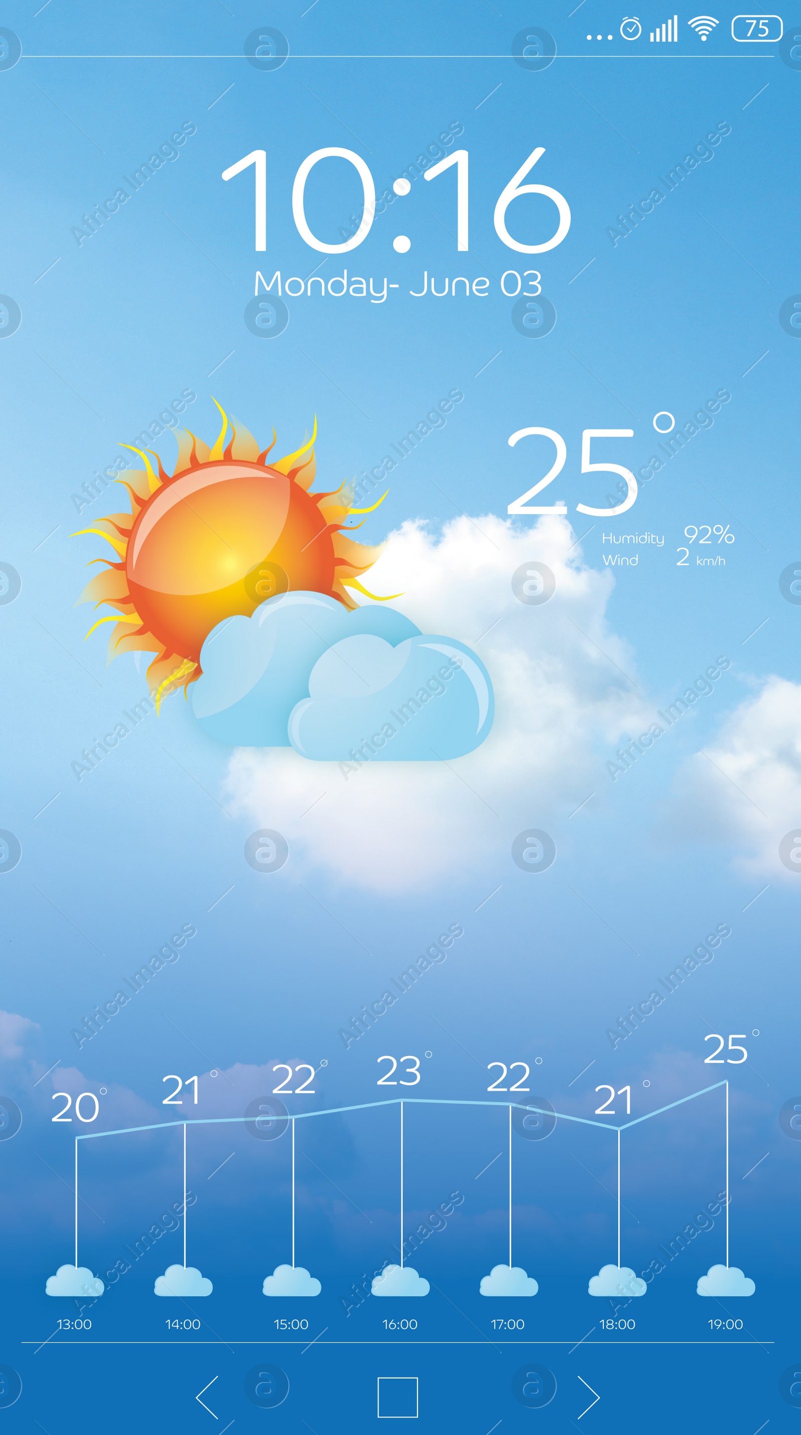 Image of Weather forecast widget on screen. Mobile application