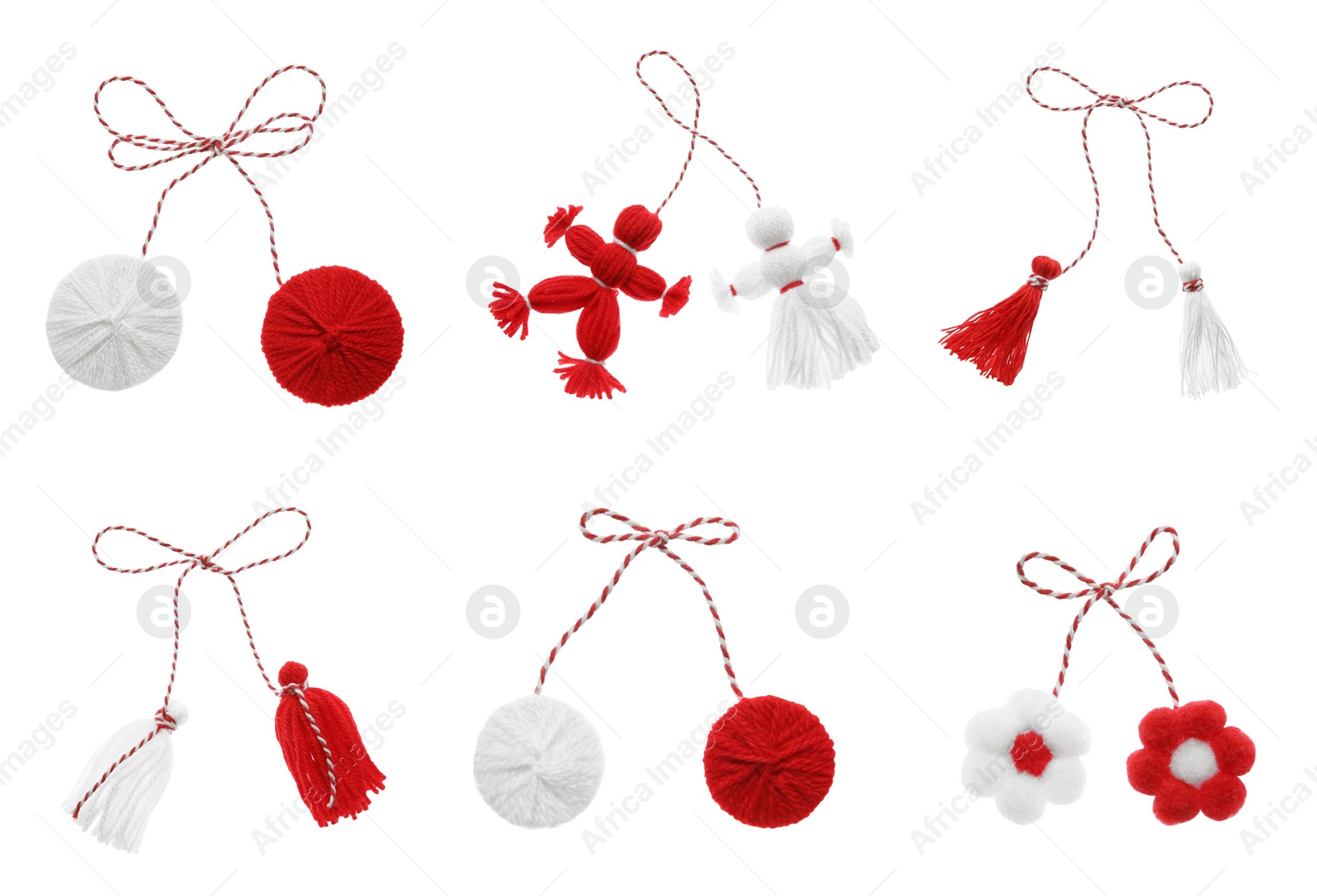 Image of Set with traditional martenitsi in different shapes on white background. Symbol of first spring day (Martisor celebration)