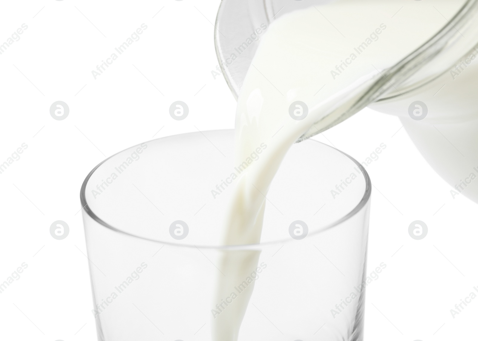 Photo of Pouring milk into glass on white background, closeup