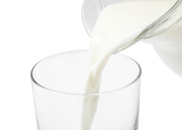 Pouring milk into glass on white background, closeup