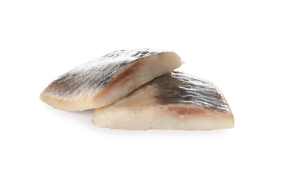 Photo of Delicious salted herring slices on white background