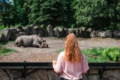 Little girl watching wild rhinoceros in zoo, back view