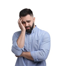 Portrait of sad man on white background