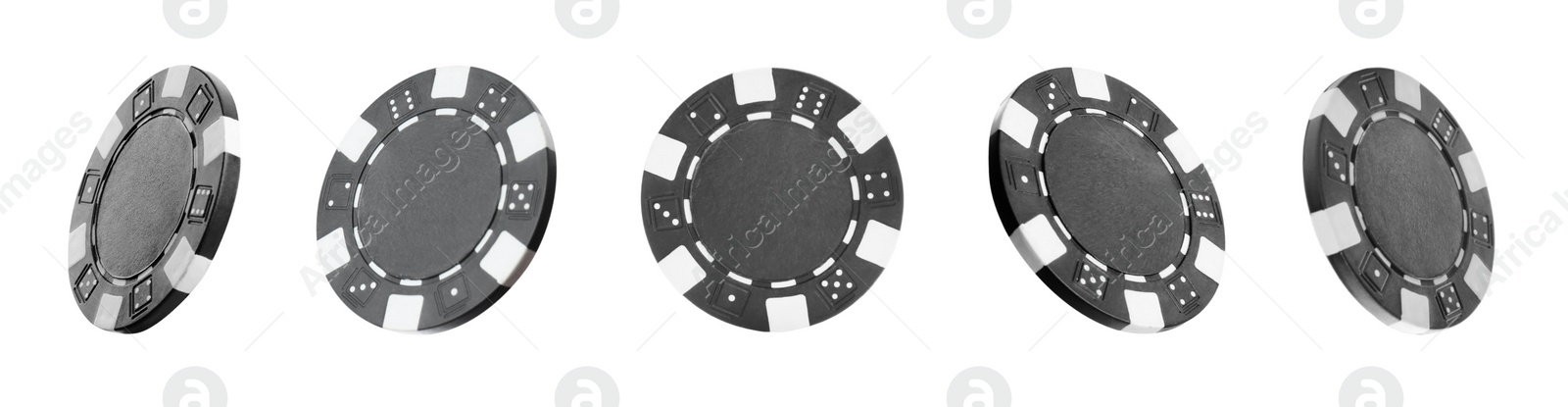 Image of Set with black casino chips on white background. Banner design