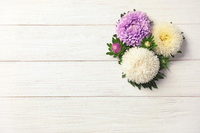 Photo of Beautiful aster flowers and space for text on wooden background, flat lay