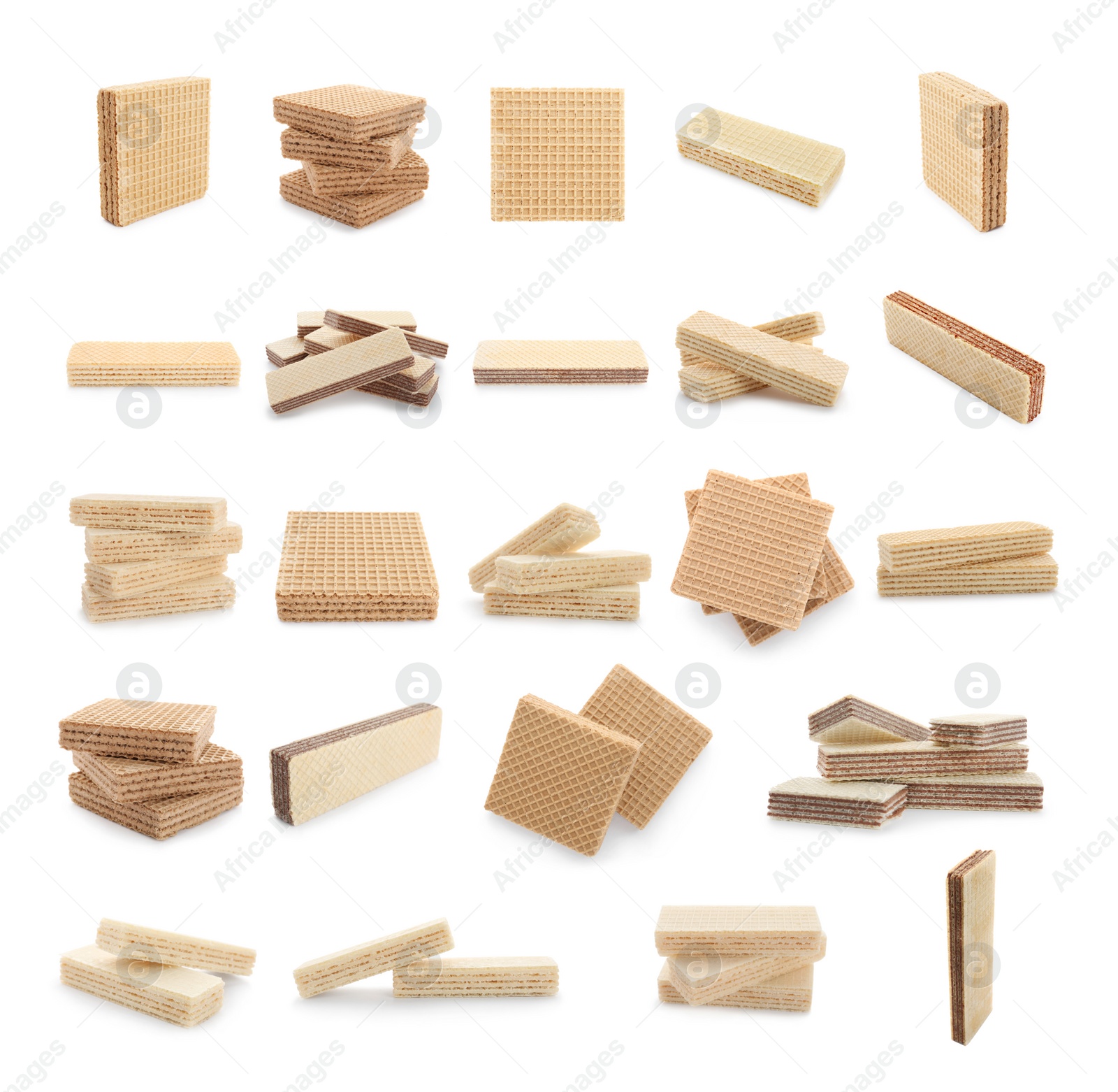 Image of Set of delicious crispy wafers on white background. Sweet food