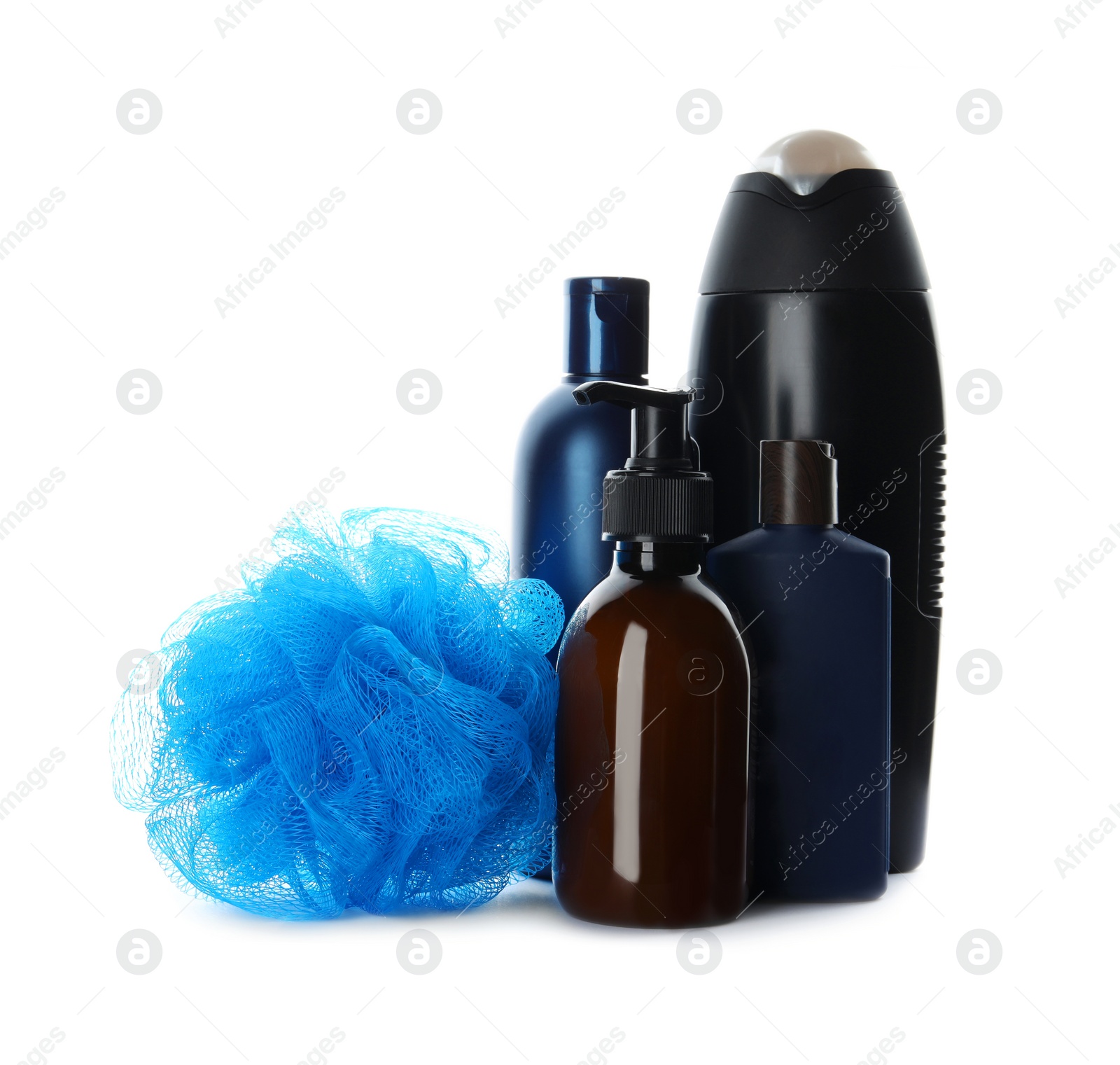 Photo of Personal hygiene products and shower puff on white background