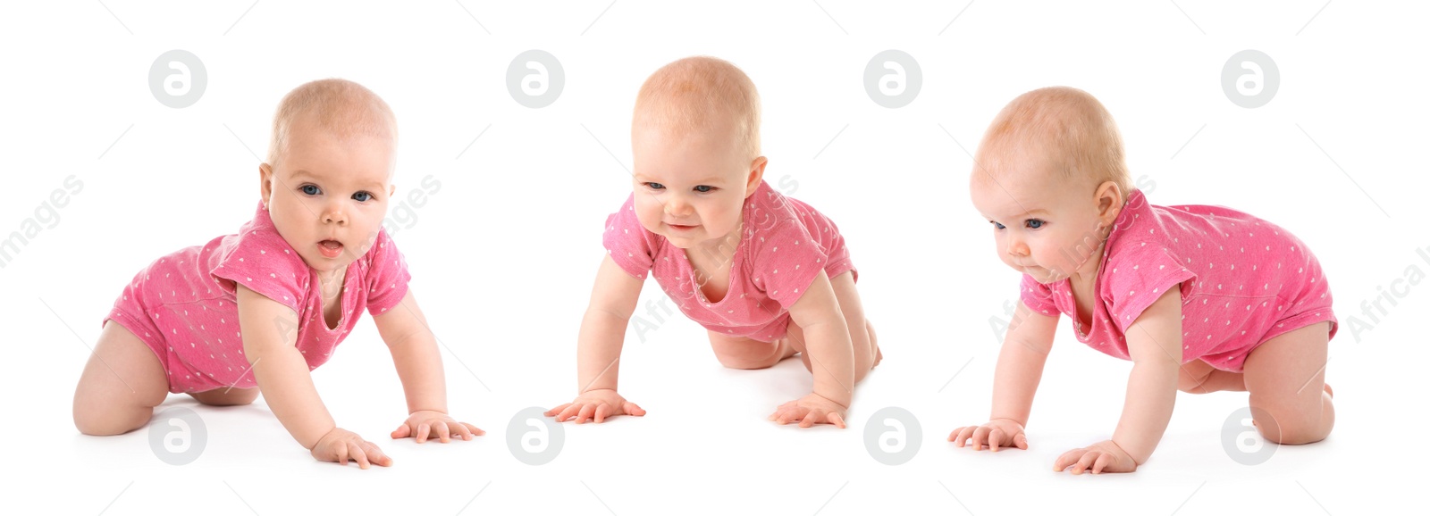 Image of Collage with photos cute little baby crawling on white background. Banner design