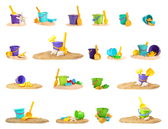 Image of Set of different plastic beach toys on white background 