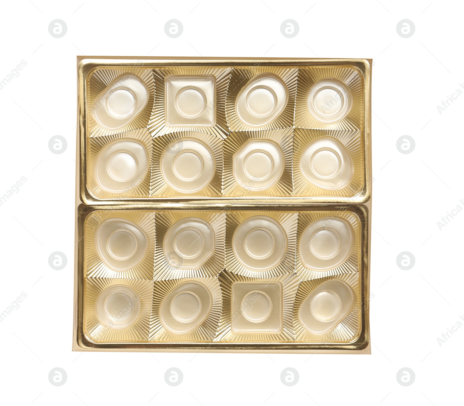 Photo of Empty box of chocolate candies isolated on white, top view