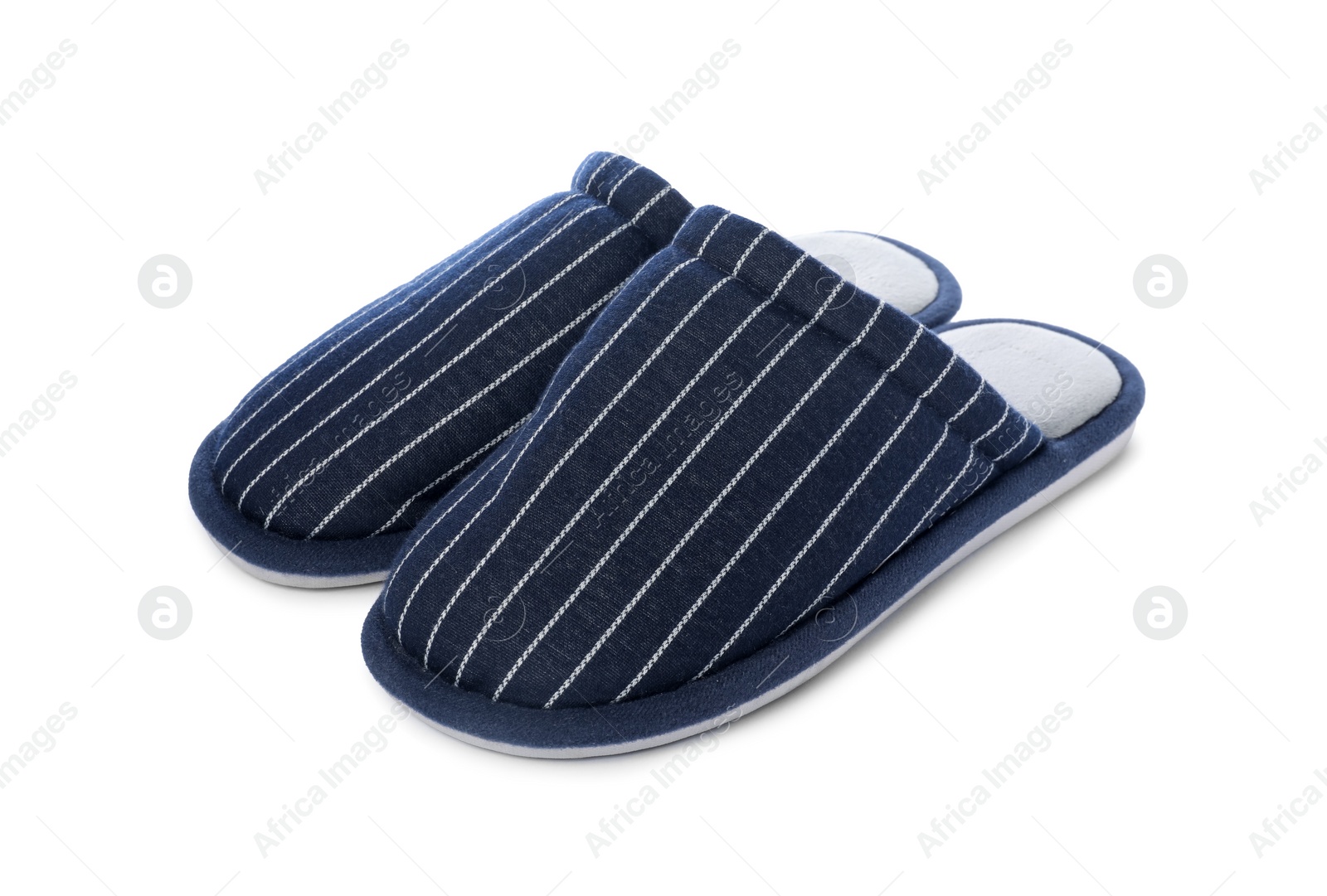 Photo of Pair of striped slippers isolated on white