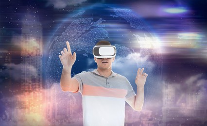 Image of Man using virtual reality headset and getting in simulated futuristic world, banner design