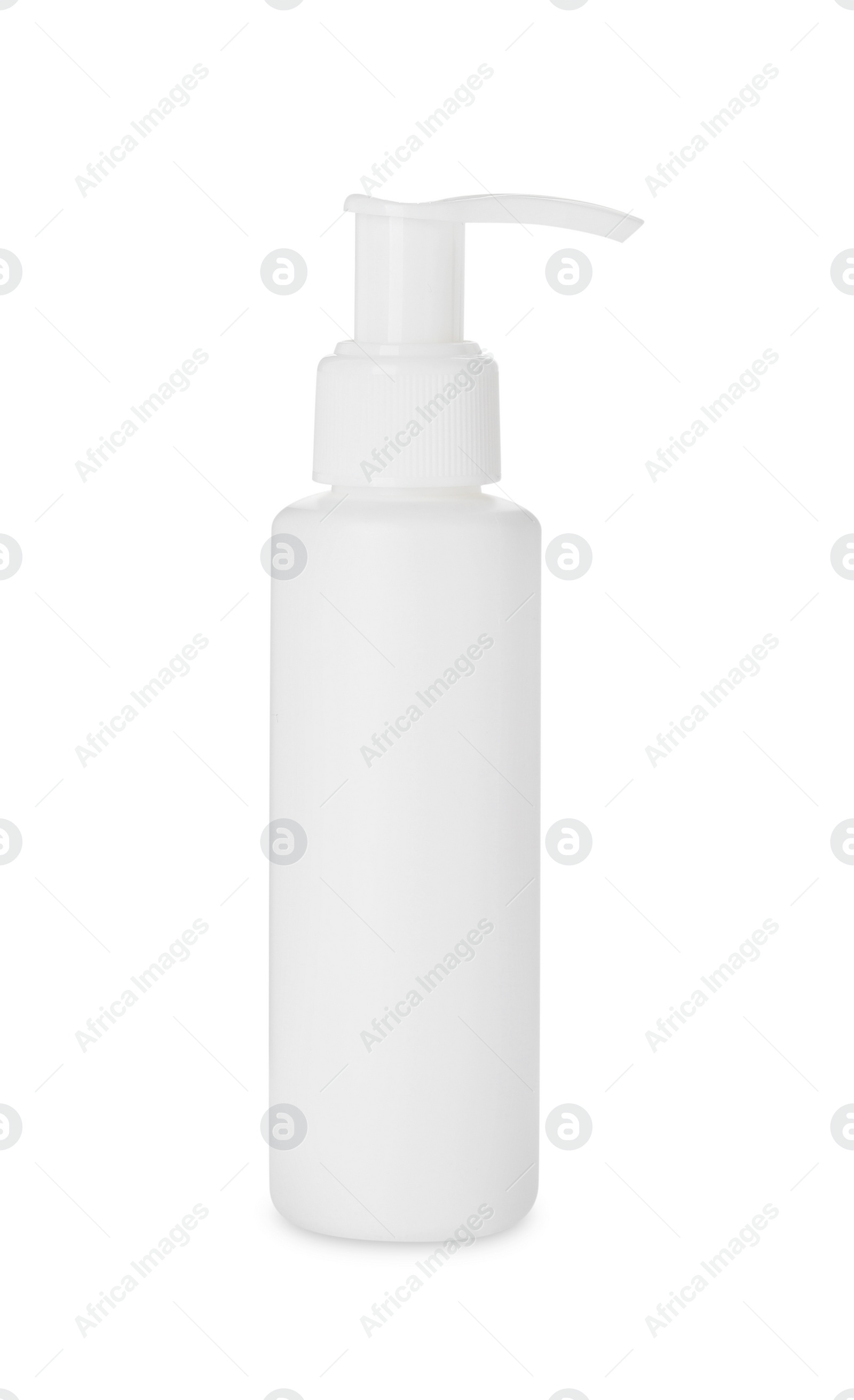 Photo of Bottle of face cleansing product isolated on white