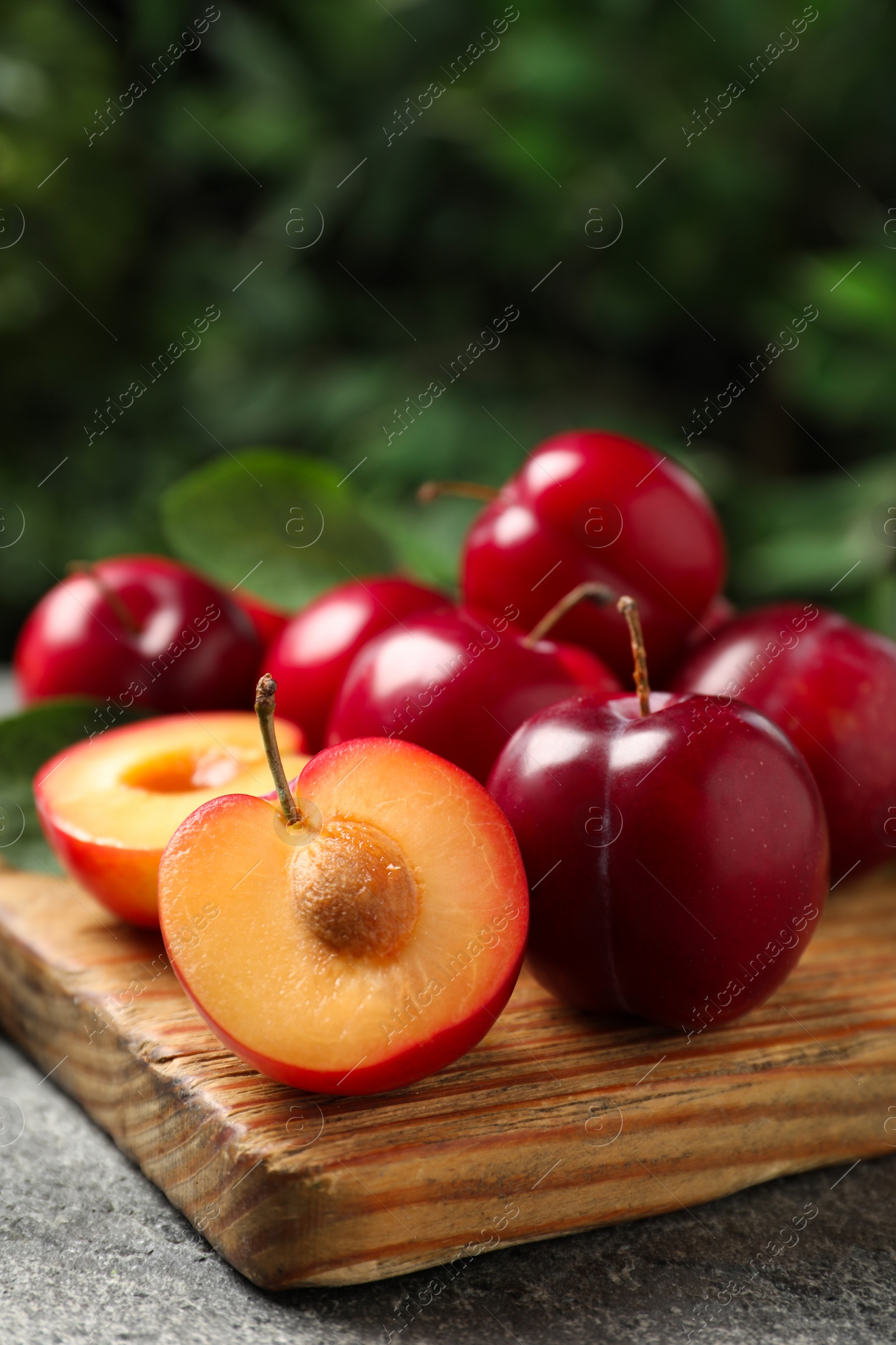 Photo of Fresh ripe cherry plums on grey table outdoors