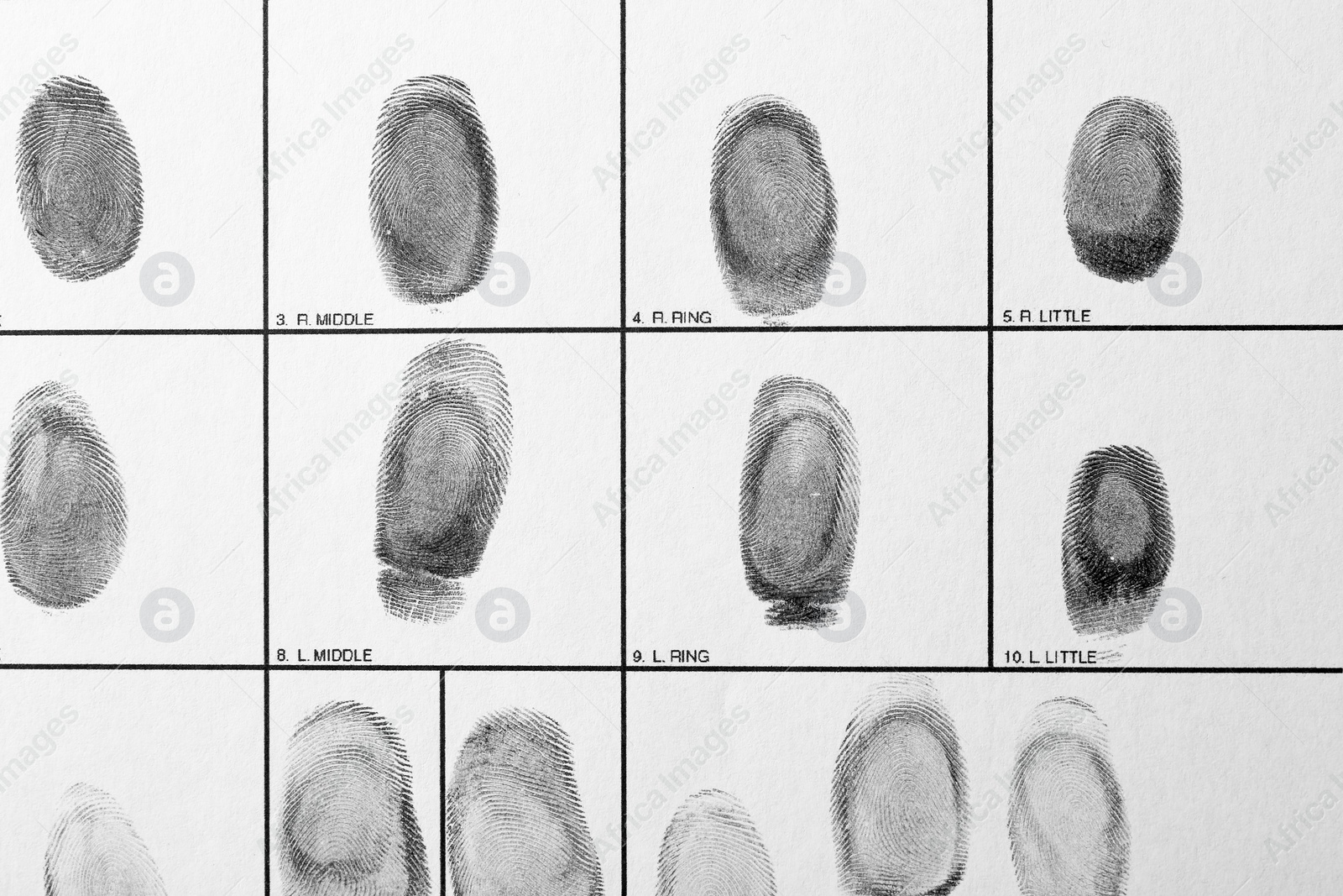 Photo of Police form with fingerprints, top view. Forensic examination