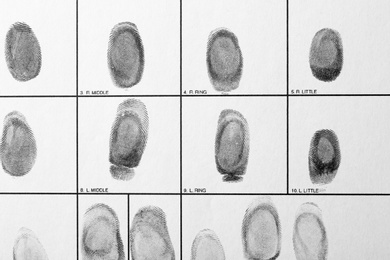 Photo of Police form with fingerprints, top view. Forensic examination