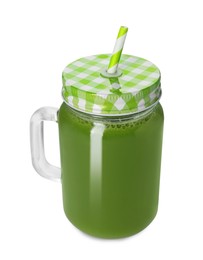 Photo of Fresh celery juice in mason jar on white background