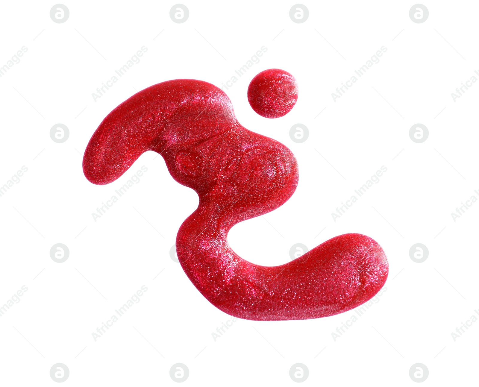 Photo of Spilled bright nail polish with glitter on white background, top view