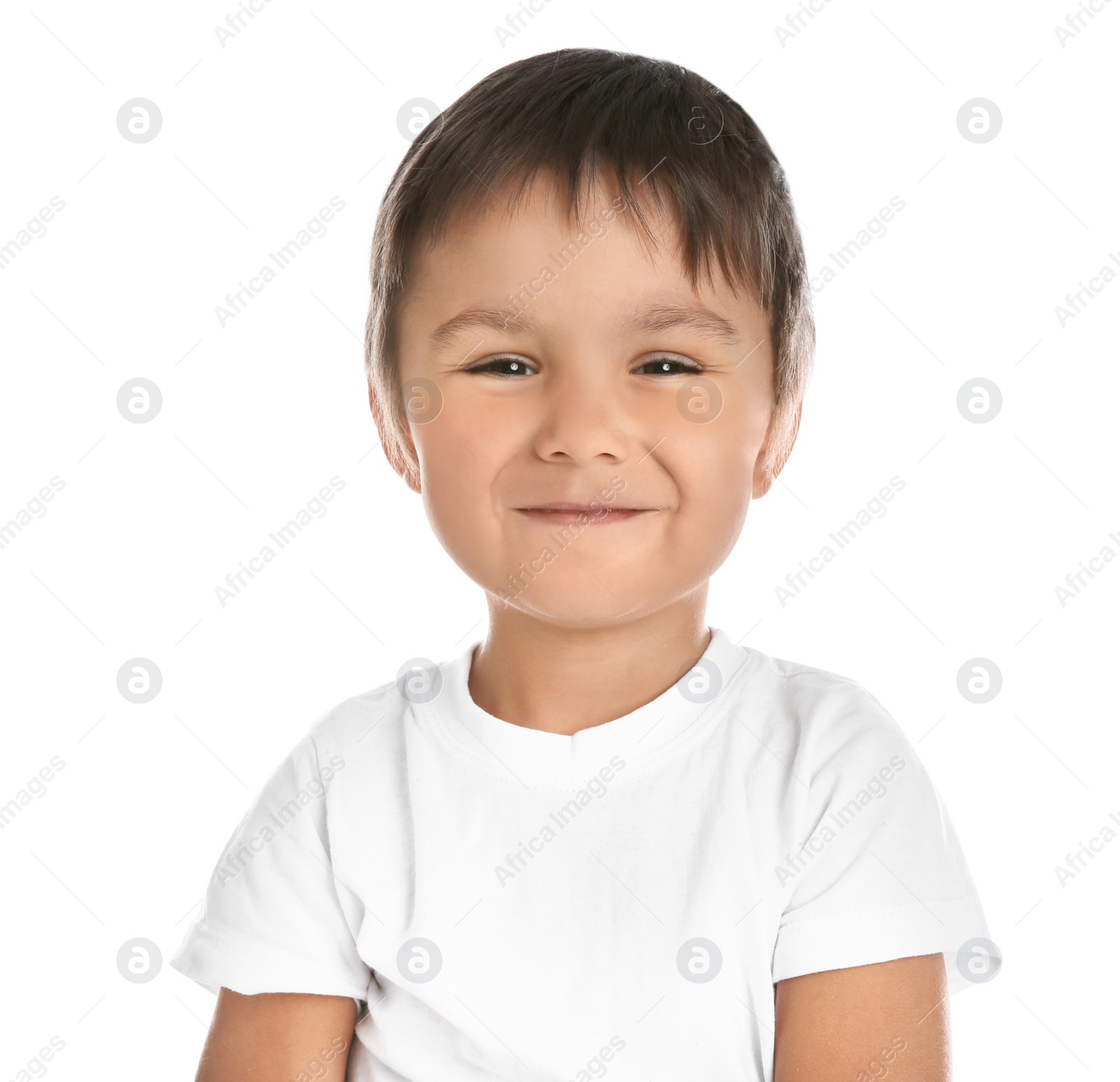 Photo of Portrait of happy little boy on white background