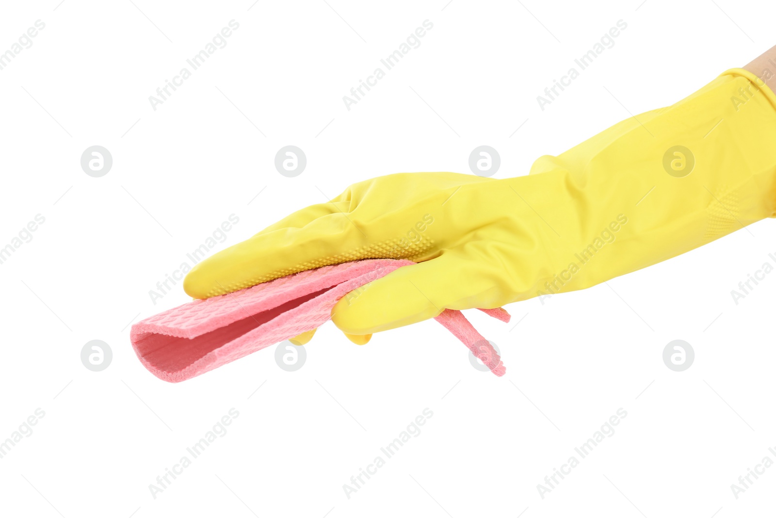 Photo of Person in rubber glove with rag on white background, closeup of hand